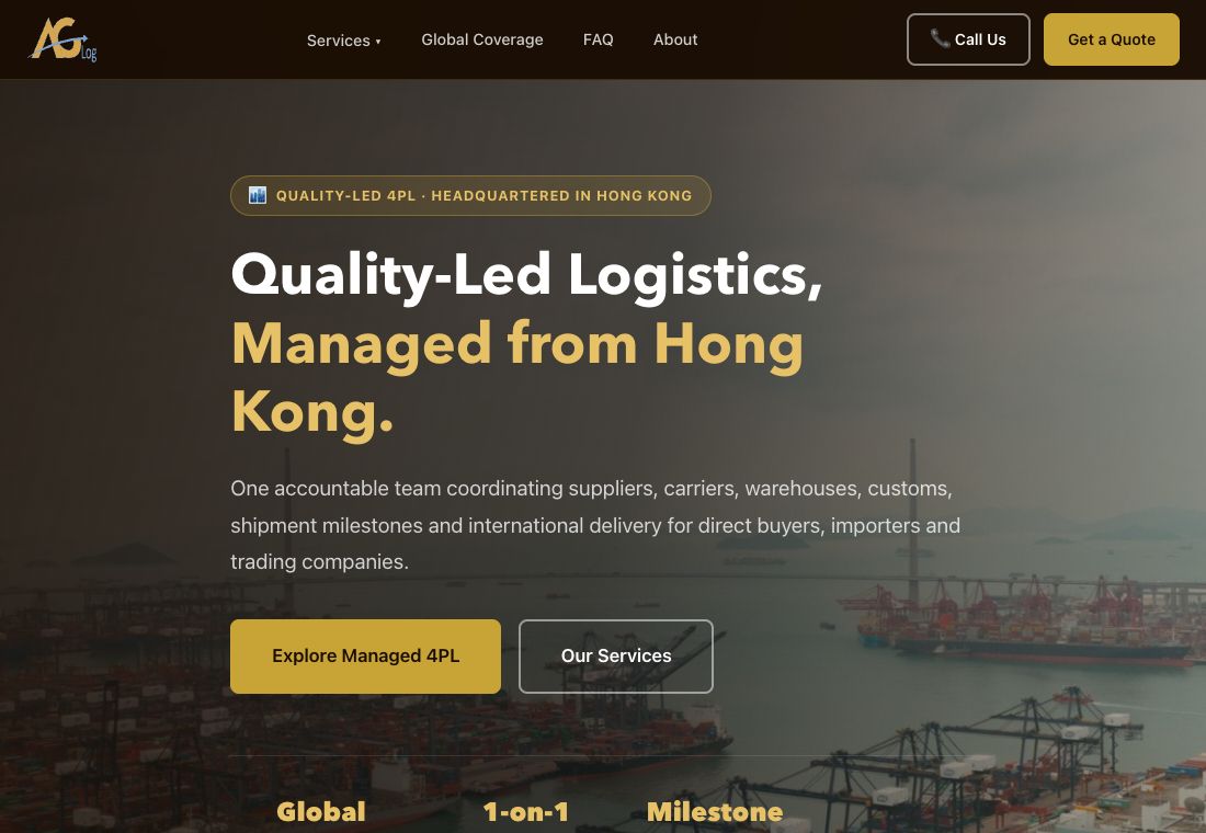 AGLog Cargo public website showing its logistics introduction, service navigation and quotation links.